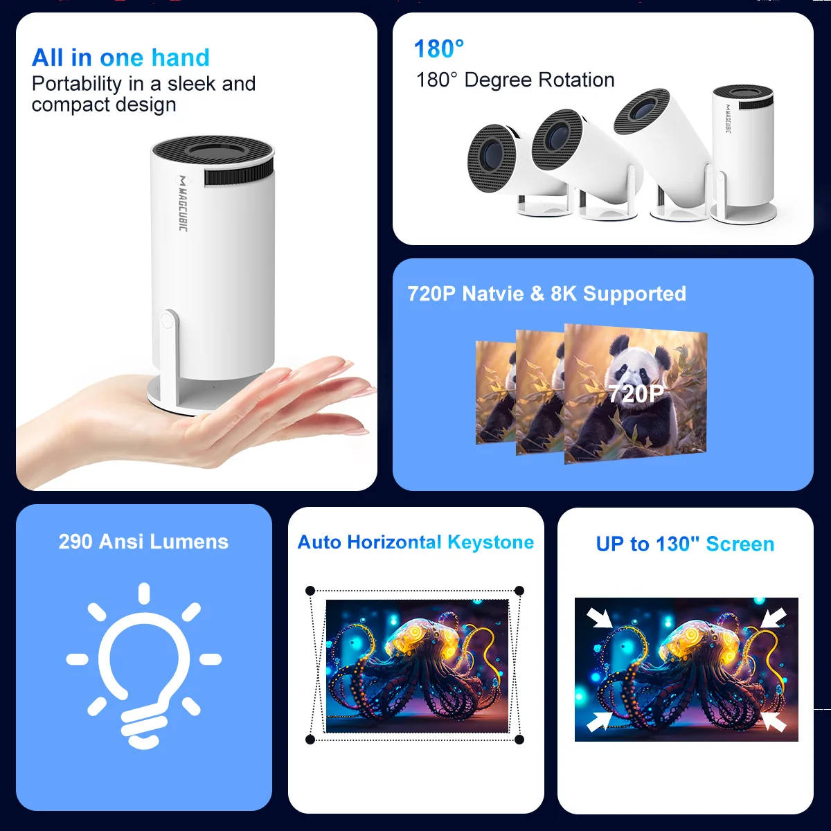 Projecteur magnétique HY300 Pro 8K Android 14 double Wifi6 290ANSI Allwinner H726 BT5.4 1080P 1280*720P projecteur extérieur de cinéma maison — 3/10