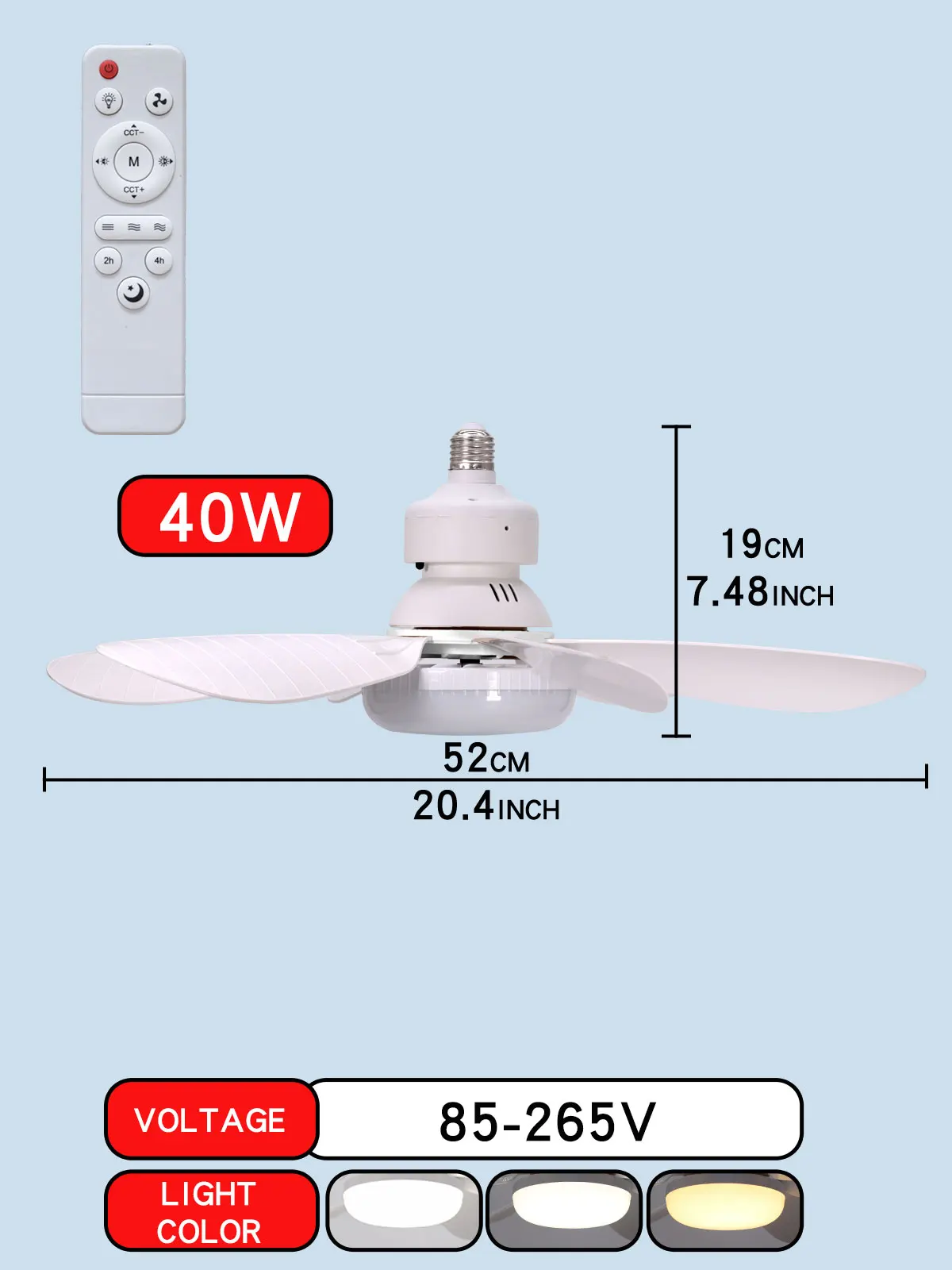 Ventilateur de plafond LED E27 avec télécommande, 30W 40W, fonction de gradation, adapté au salon, au bureau et à un usage domestique, 85-265V — 7/8