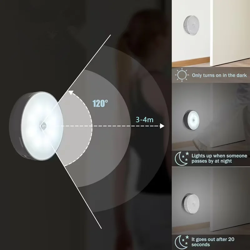 Veilleuse LED sans fil avec détecteur de mouvement, lampe de détection pour chambre à coucher, escalier, Cisco et décoration de chambre, 1PC — 6/8