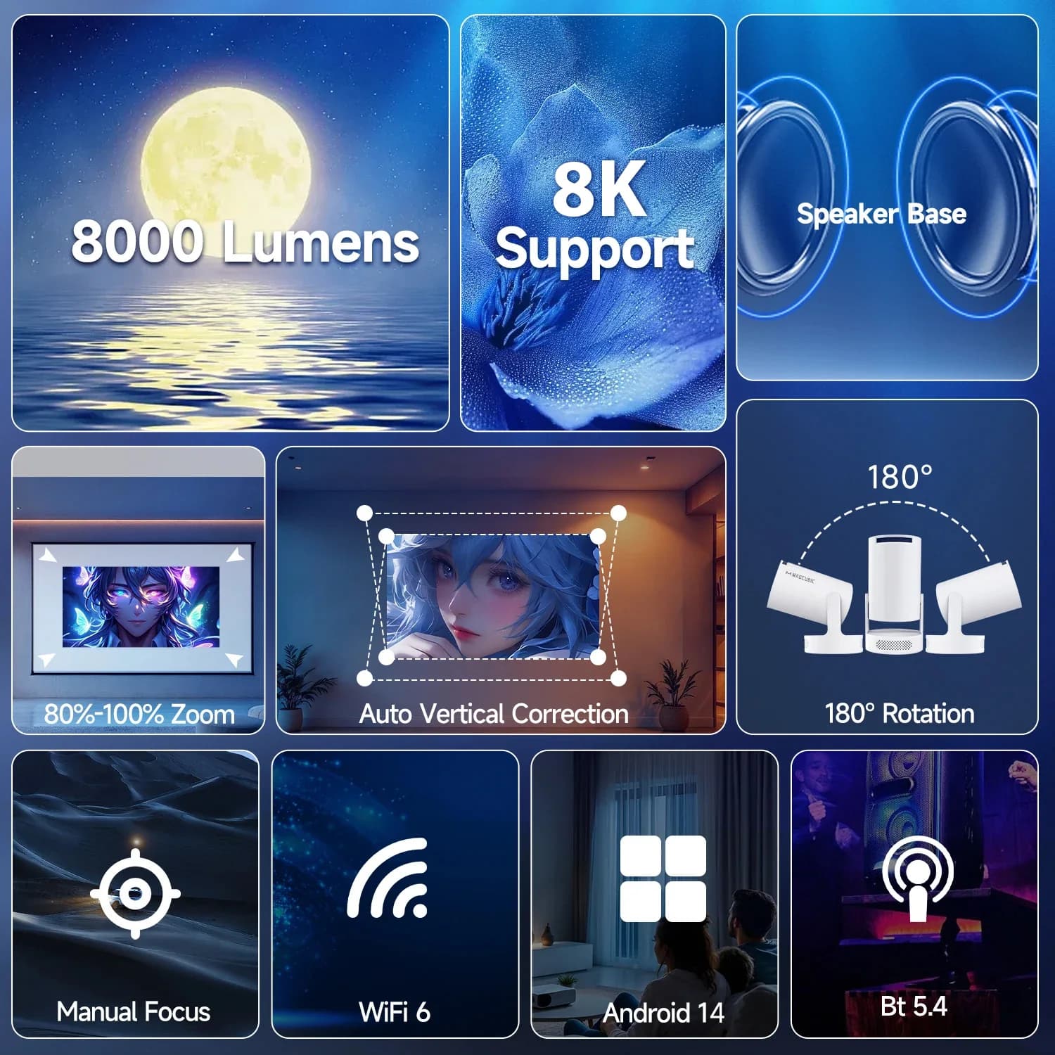 Projecteur magnétique HY300 Pro 8K Android 14 double Wifi6 290ANSI Allwinner H726 BT5.4 1080P 1280*720P projecteur extérieur de cinéma maison — 5/10
