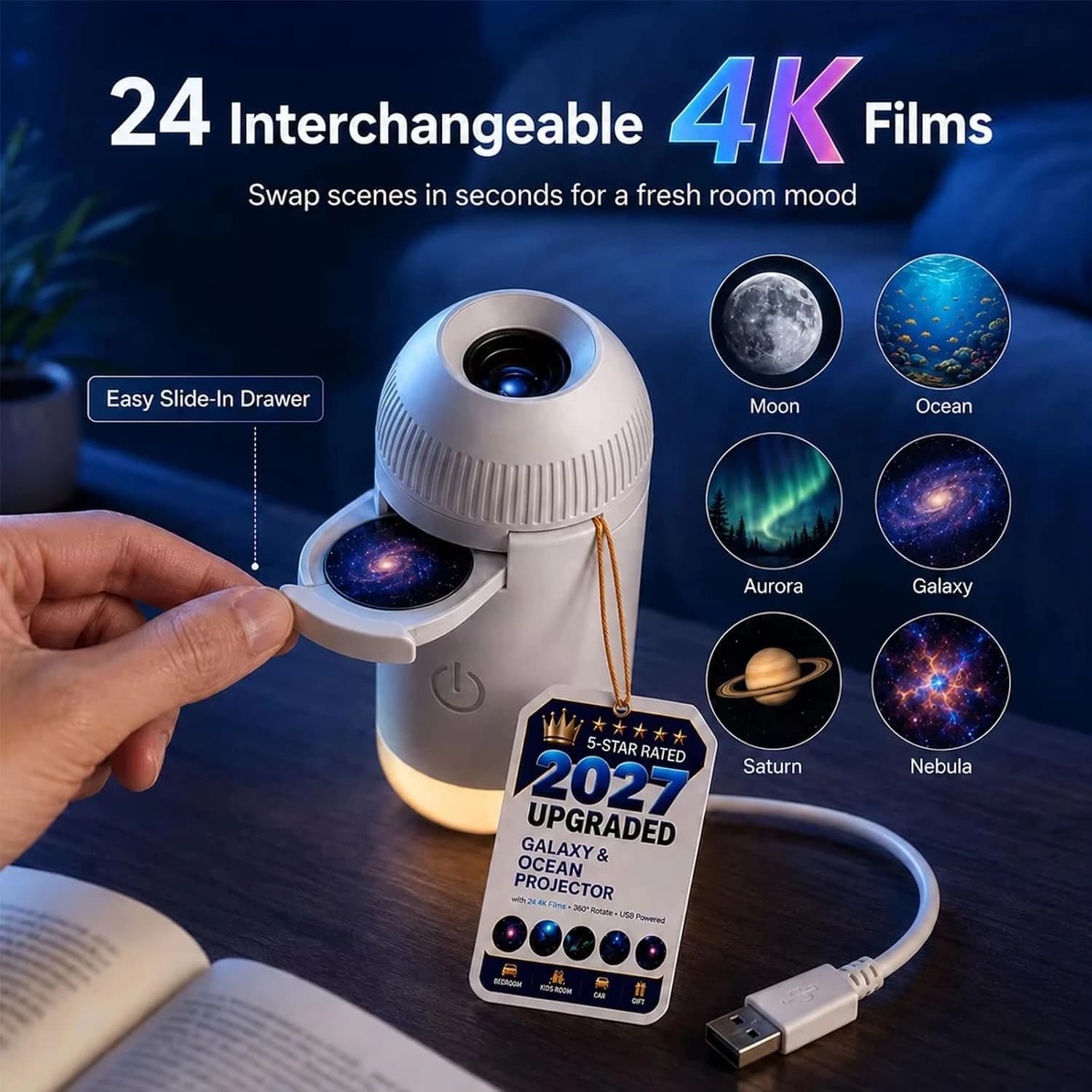 Projecteur de ciel étoilé USB, lumière de nuit 360° °   Lampe d’ambiance réglable Galaxy pour l’intérieur de la voiture, la maison, la chambre à coucher, veilleuse romantique