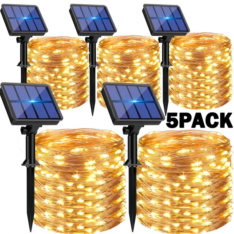 1 2 3 4 5 Paquets de lumières solaires LED féériques pour l’extérieur, lumières de Noël, 8 modes, lumières en fil de cuivre, étanches, décoration de jardin, d’arbre, de patio