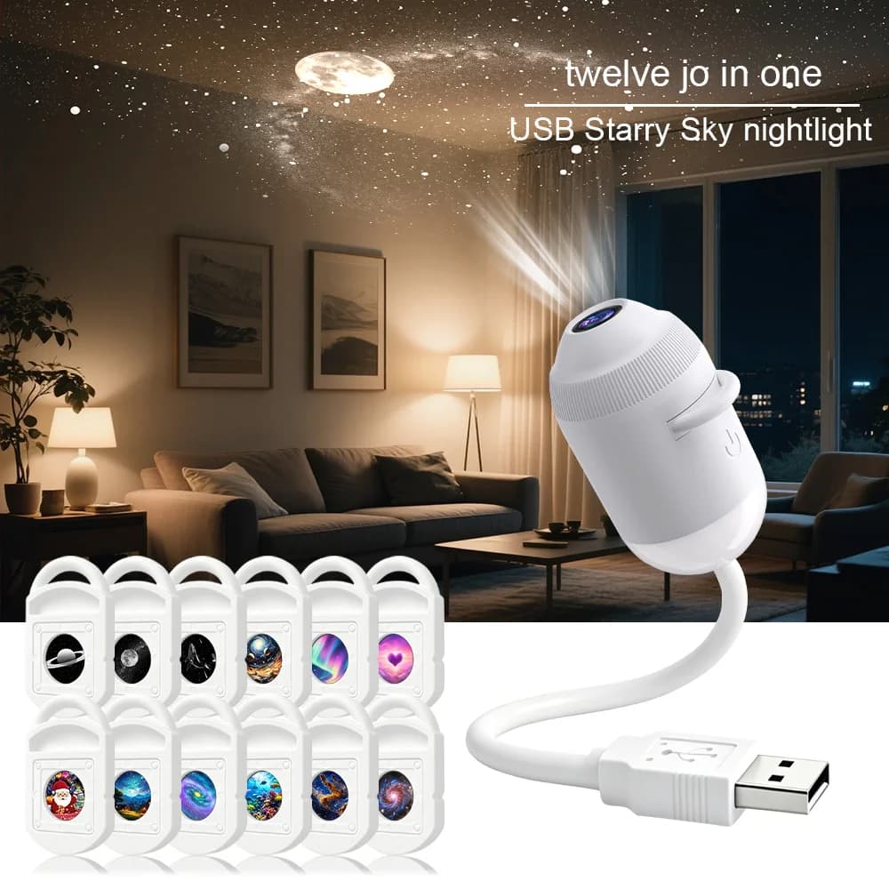 Nouvelle lampe de projection d'étoiles USB pour l'intérieur de la voiture, la maison, la chambre, veilleuse, lumière d'ambiance galactique romantique — 8/10