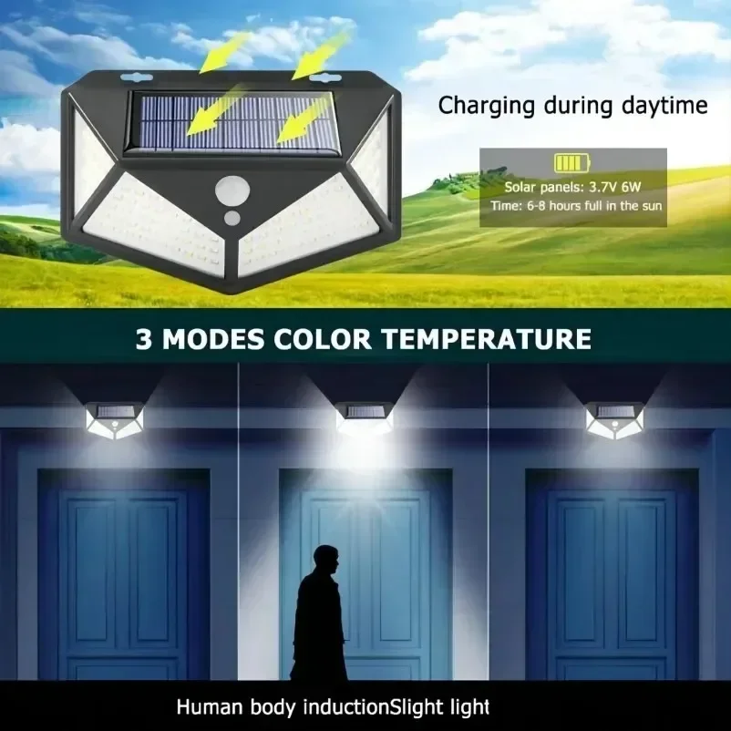 مصباح LED بالطاقة الشمسية متعدد الوظائف مع مستشعر للحركة، ضوء شمس مقاوم للماء، ديكور للحديقة الخارجية، 62 مصباح كشاف — 6/7