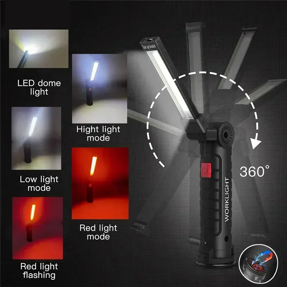 Lampe de travail LED COB Portable, Rechargeable par USB, lampe d'inspection avec crochet magnétique, batterie externe, torche à batterie 18650 — 4/10