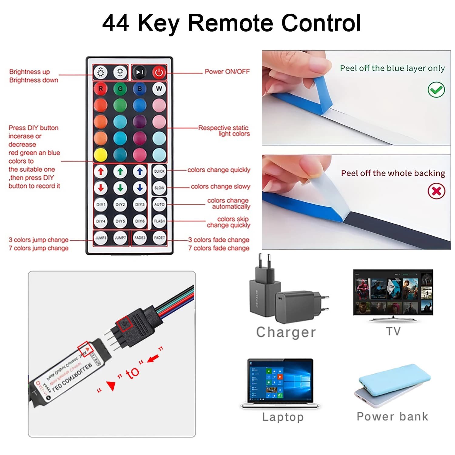 Bande lumineuse Led avec télécommande à 44 touches, 1m, 5m, 10m, 20m, RGB, pour salle murale, maison, chambre à coucher, décor de fête, rétro-éclairage TV — 5/8