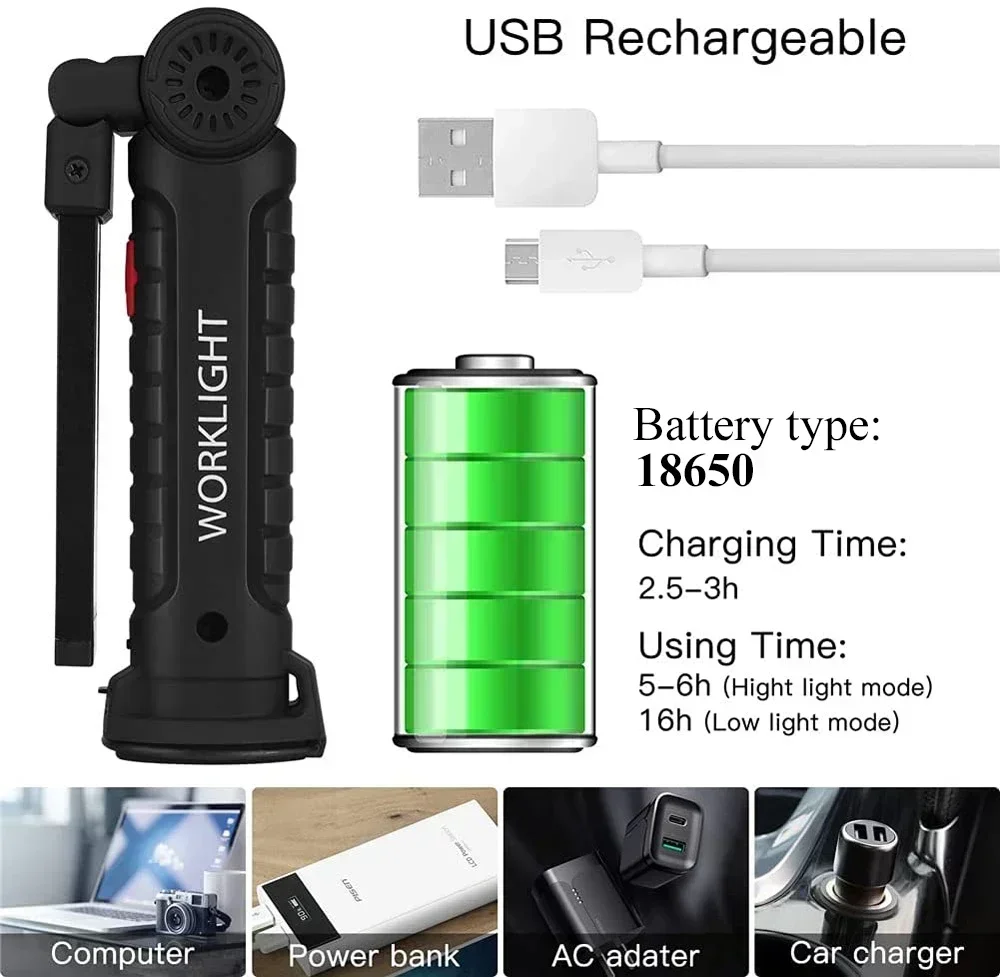Lampe de travail LED COB Portable, Rechargeable par USB, lampe d'inspection avec crochet magnétique, batterie externe, torche à batterie 18650 — 5/10