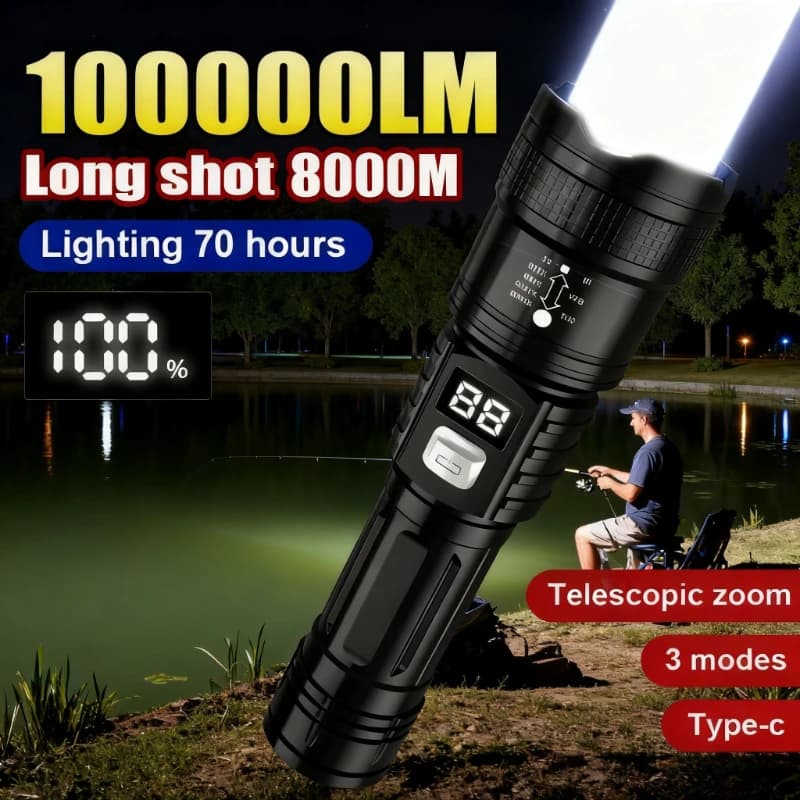 100000LM lampe de poche Super lumineuse torche LED Rechargeable lampe tactique longue portée pour l’extérieur étanche Camping pêche lanterne