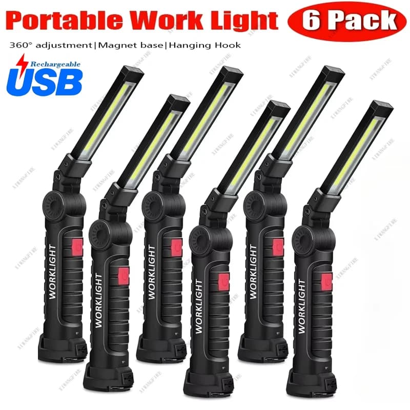 Lampe de travail LED COB Portable, Rechargeable par USB, lampe d’inspection avec crochet magnétique, batterie externe, torche à batterie 18650