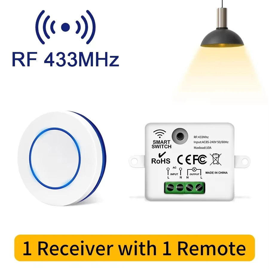RF 433MHz sans fil 10A relais récepteur télécommande interrupteur de lumière 220V 110V Mini bouton rond panneau mural interrupteur pour lampe à LED — 7/10