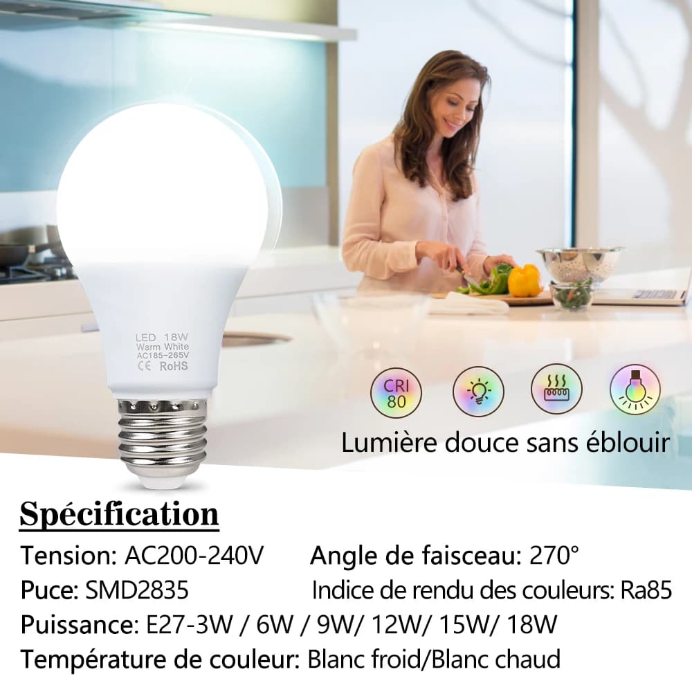 Ampoules LED 3W 6W 9W 12W 15W 18W E27, Lampe LED AC 220V-240V, IC intelligent, Haute luminosité, Projecteur Illa — 6/6