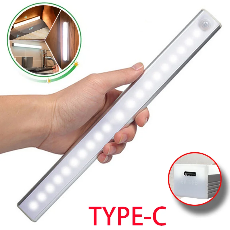 Veilleuse LED aste sans fil avec capteur de mouvement, type C, lampe d’armoire, rétroéclairage d’escalier pour cuisine