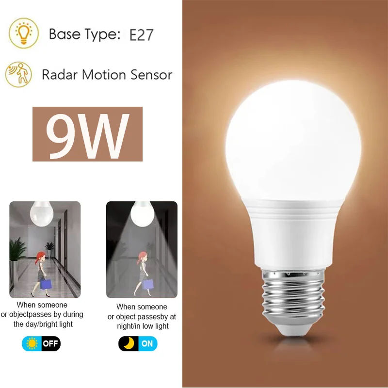Ampoules LED avec capteur de mouvement Radar, du crépuscule à l'aube, marche/arrêt automatique pour l'extérieur, pour sous-sols intérieurs et extérieurs, porche, cours, 1 pièce — 8/10