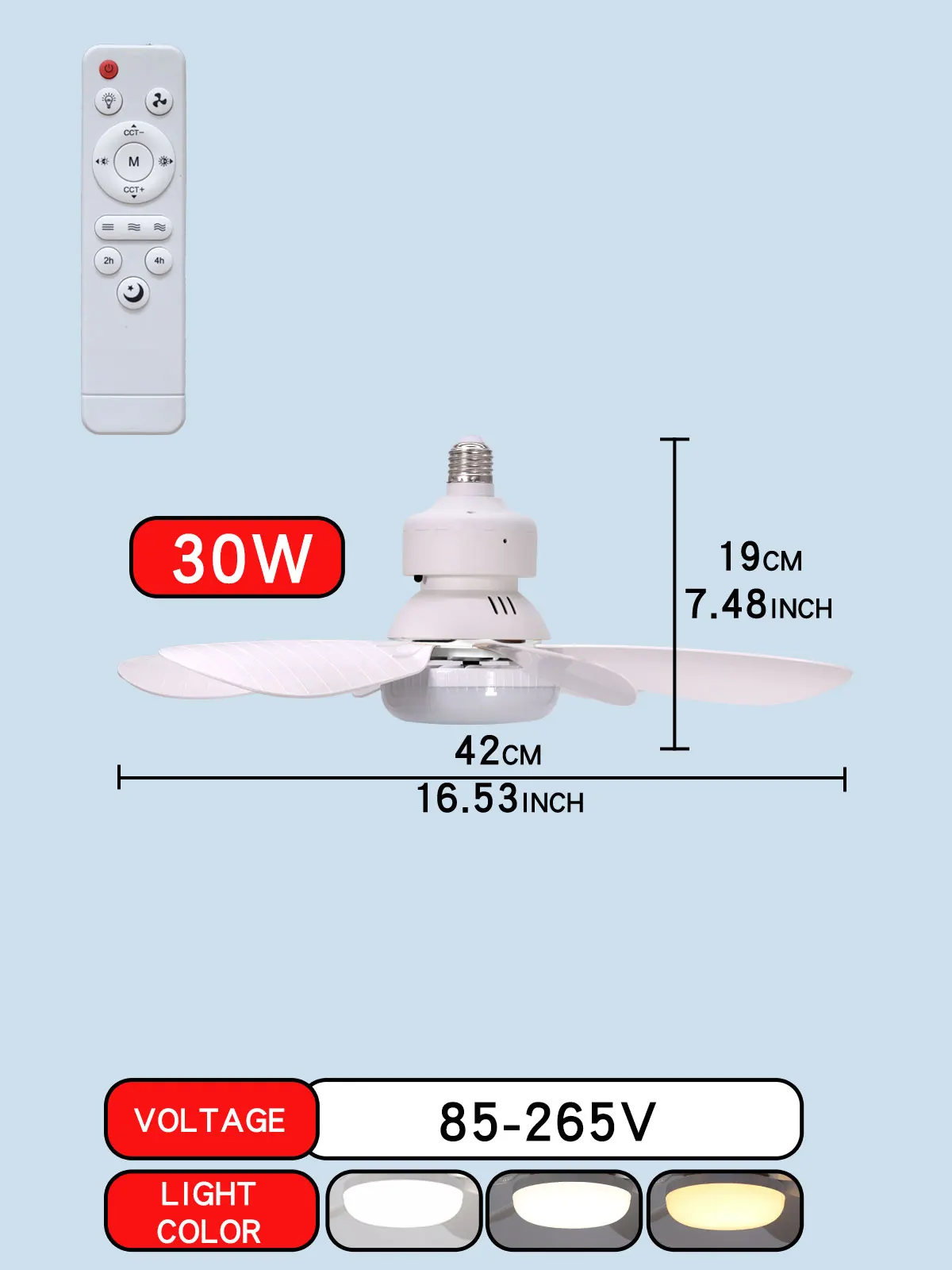Ventilateur de plafond LED E27 avec télécommande, 30W 40W, fonction de gradation, adapté au salon, au bureau et à un usage domestique, 85-265V — 8/8