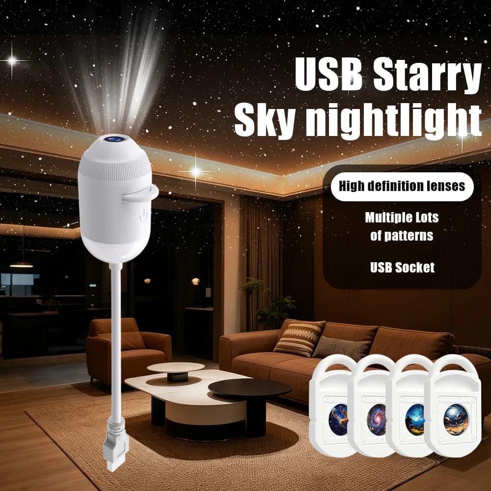 Nouvelle lampe de projection d’étoiles USB pour l’intérieur de la voiture, la maison, la chambre, veilleuse, lumière d’ambiance galactique romantique